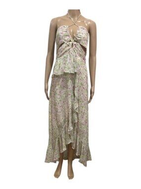 Astr Floral Halter Asymmetrical Maxi Dress in Pale Pink and Green